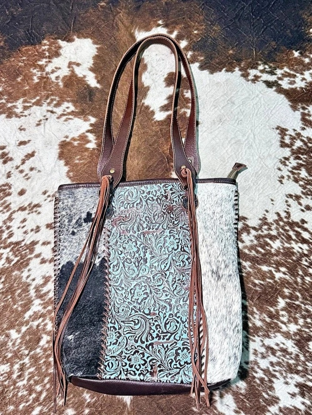 Myra Bag Paisley Cowhide Tote in Brown & Blue